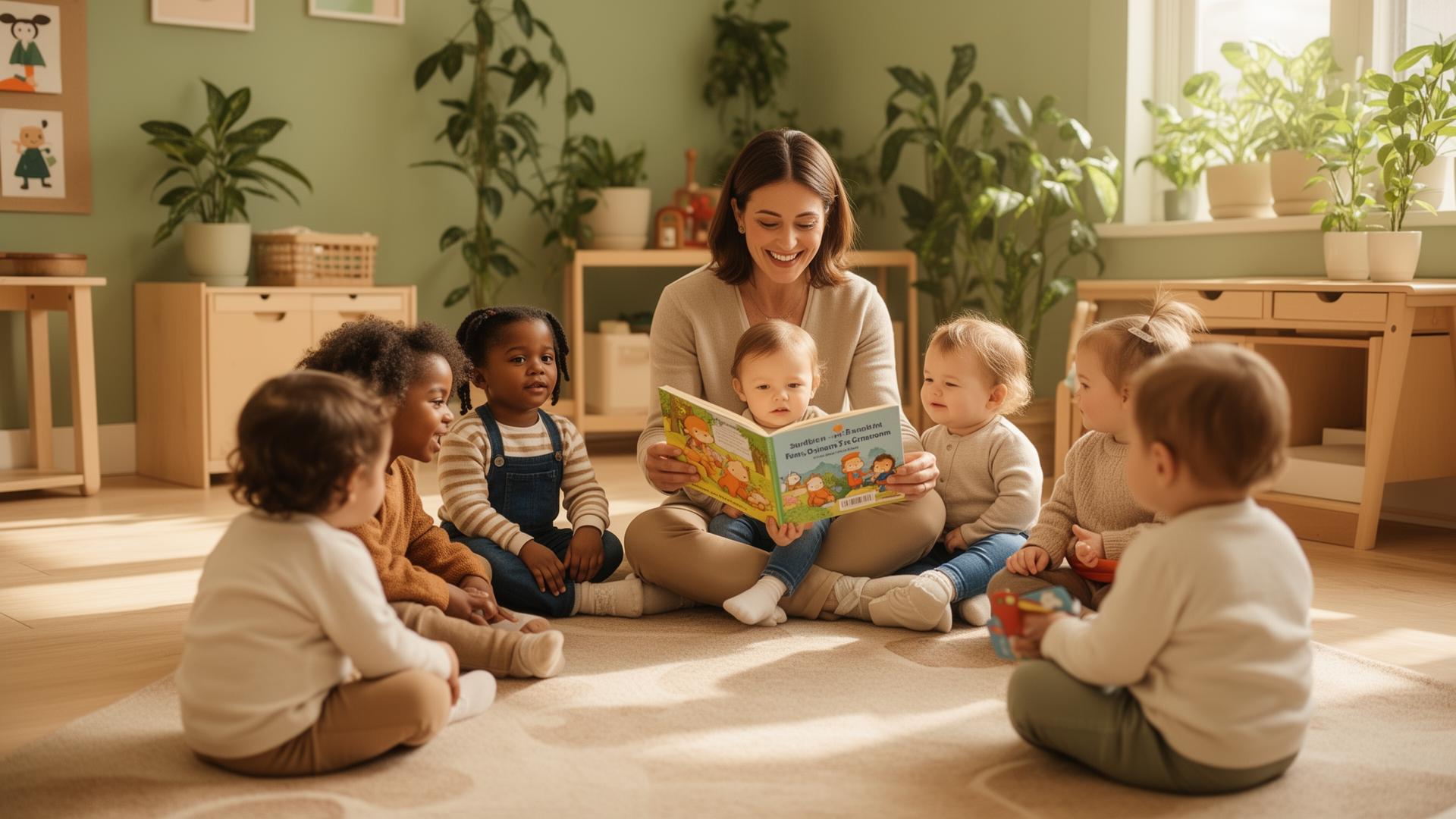 Educator reading to a small group of toddlers in a sunlit classroom